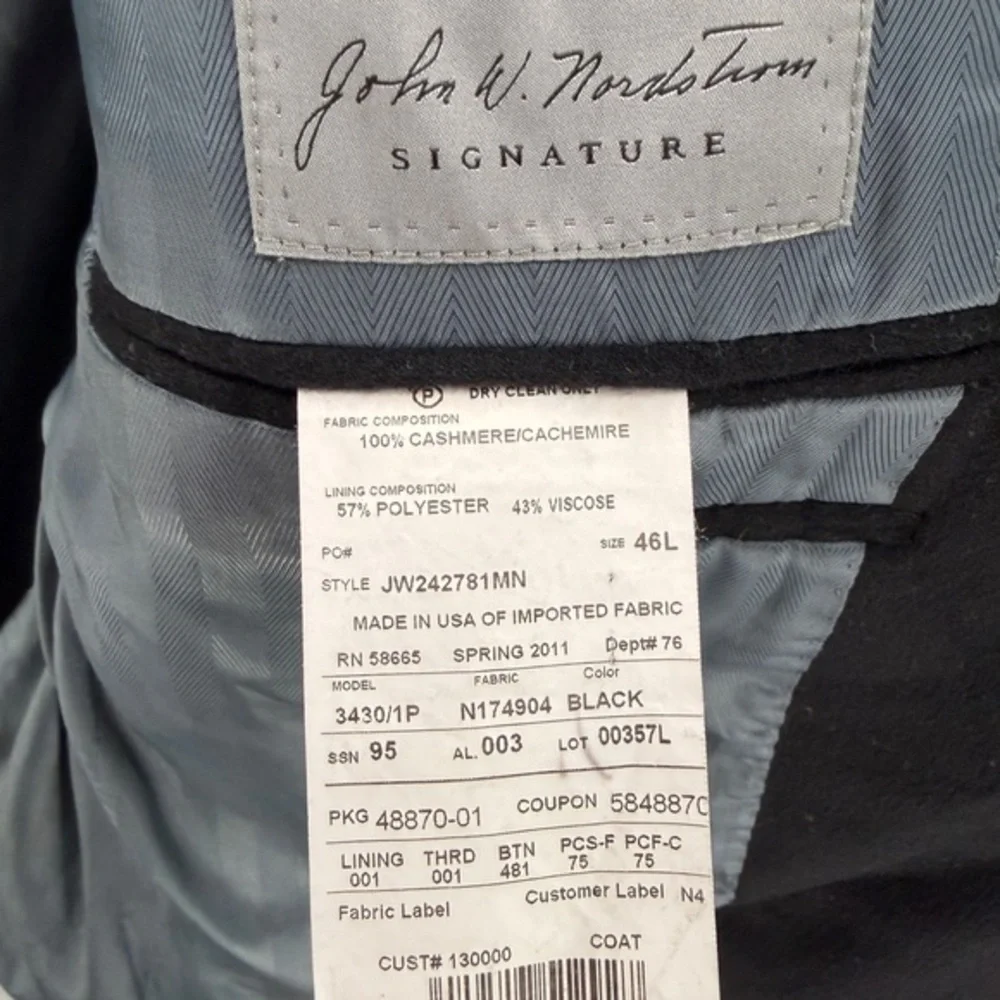 John W. Nordstrom 100% Cashmere Blazer Mens 46L Black Flannel Suit Jacket Luxury